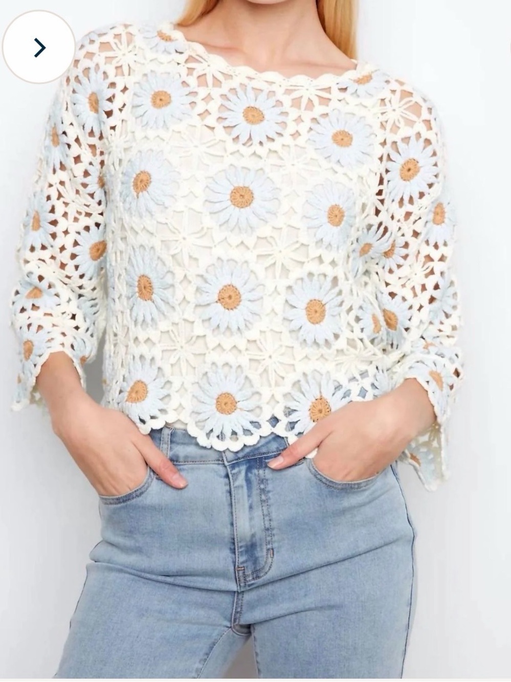 Charlie B Crochet Daisy Lace Crop Top - Ivory with Light Blue & Tan